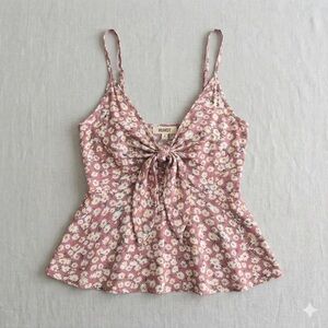 HUHOT Floral Tie-Front Peplum Cami, Size Small, Mauve/Pink